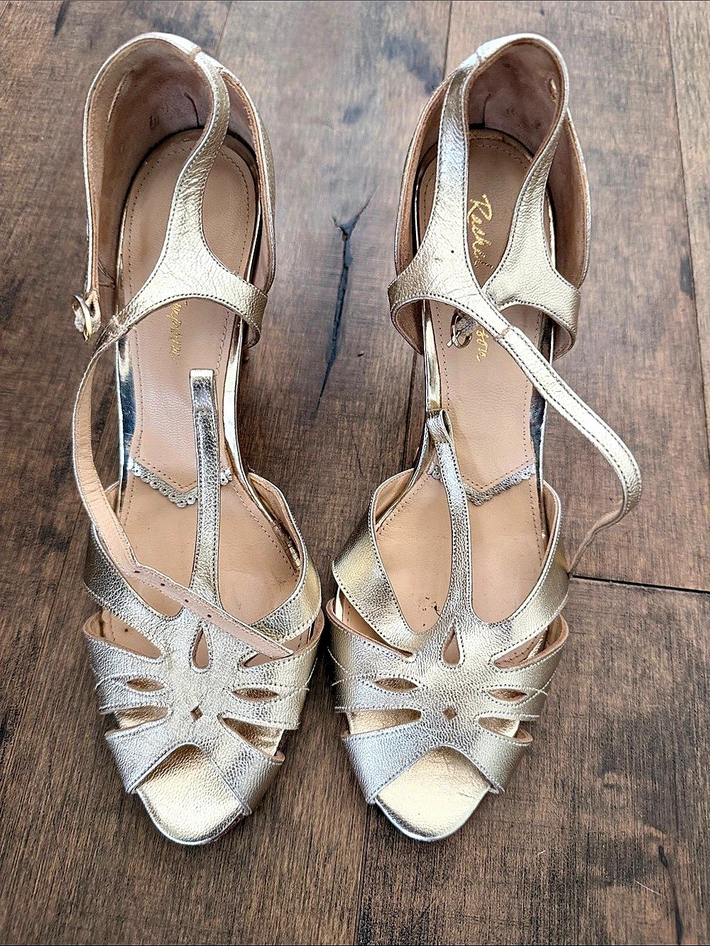 Rachel Simpson Metallic Strappy Heels in Gold